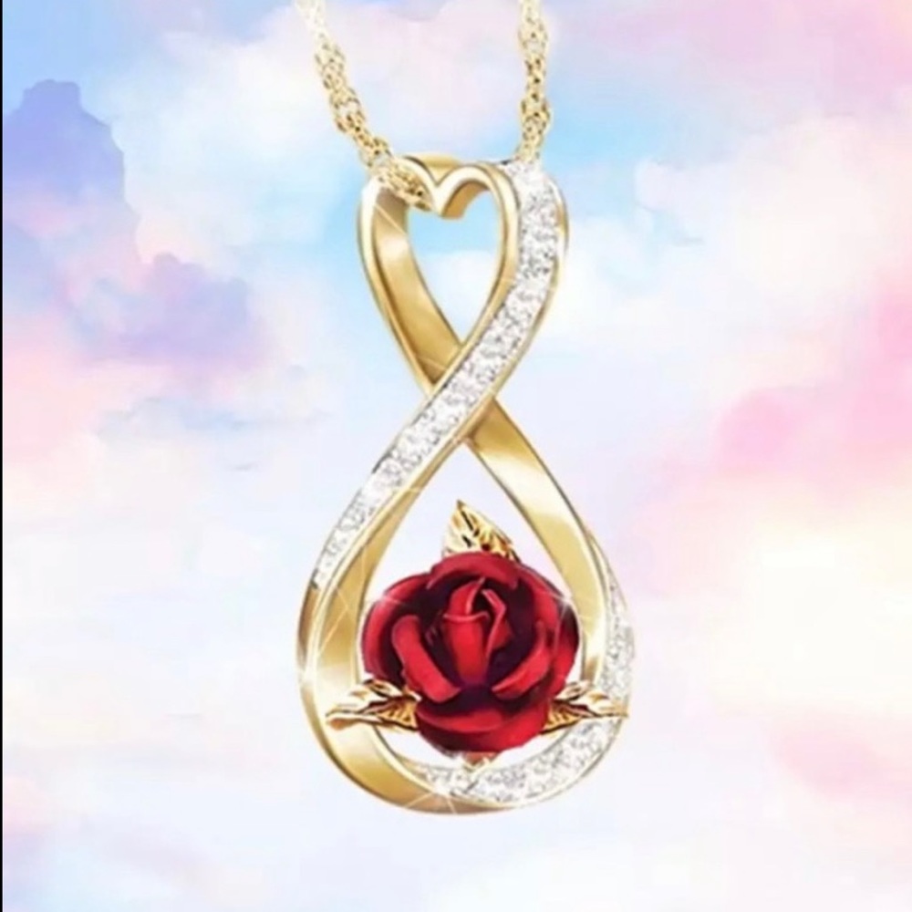 ❤️ New gold/ silver floral red rose infinity pendant choker necklace w rhin…
